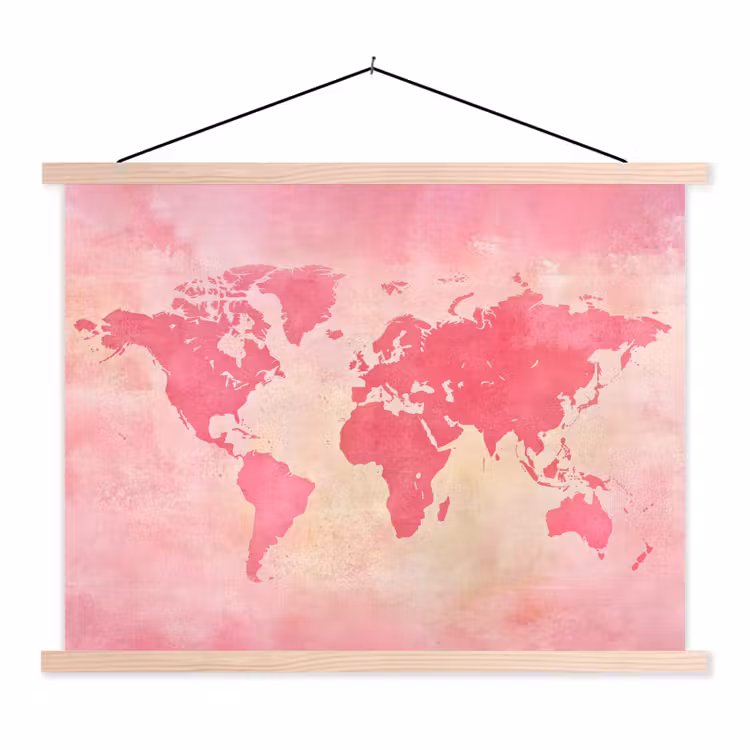 Wereldkaart - Roze - Vaag textielposter latten blank klein -3d