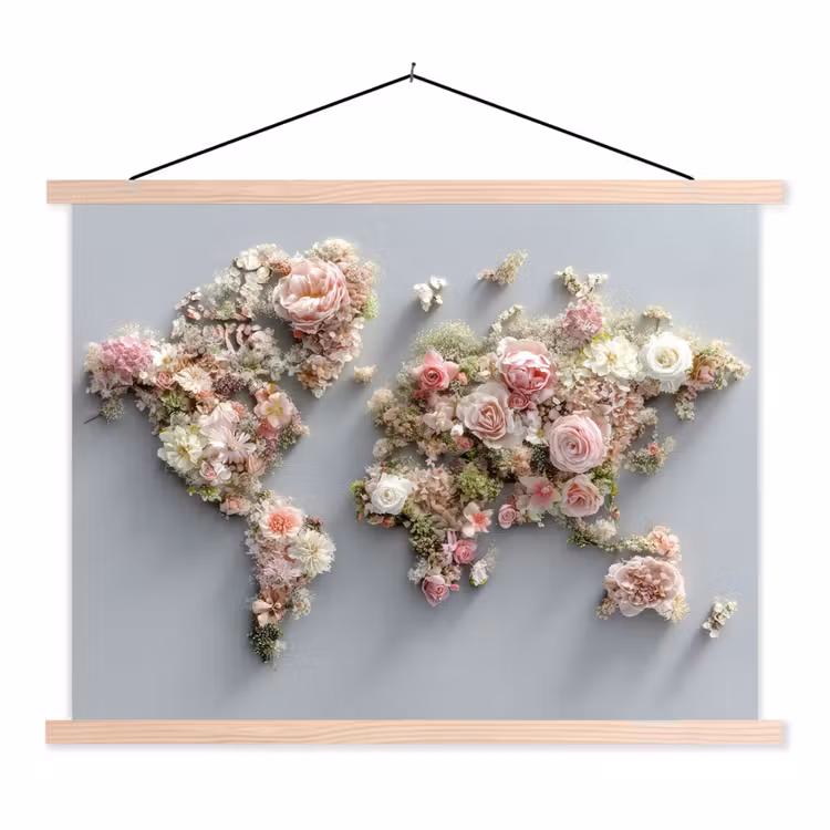 Wereldkaart - Rozen - Roze textielposter latten blank klein -3d