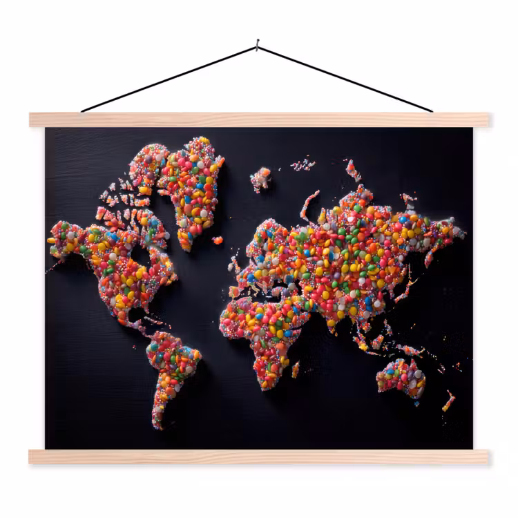 Wereldkaart - Snoepjes - Felle kleuren textielposter latten blank klein -3d