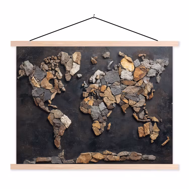 Wereldkaart - Stenen - Realistisch textielposter latten blank klein -3d