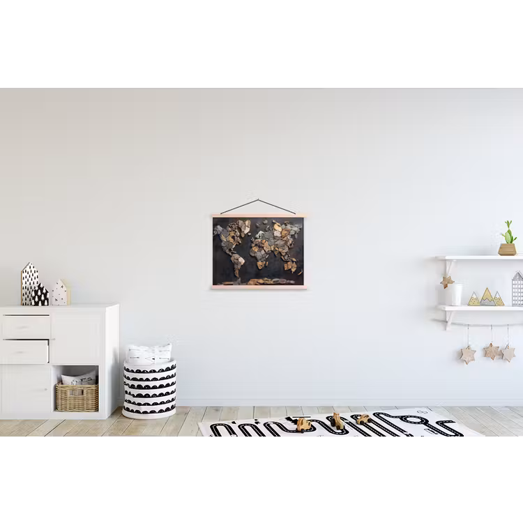 Wereldkaart - Stenen - Realistisch textielposter latten blank klein -kinderkamer