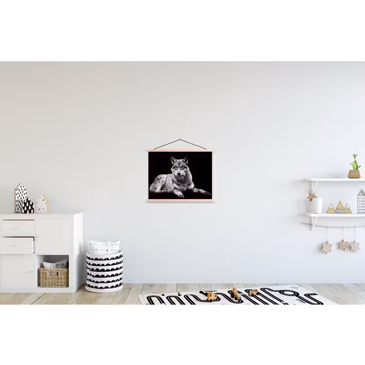 Wilde dieren - Wolf - Zwart - Wit textielposter latten blank klein -kinderkamer