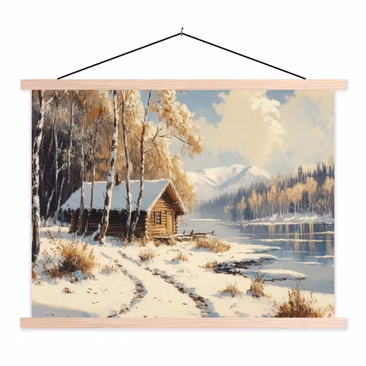 Winter - Sneeuw - Huis - Natuur textielposter latten blank klein -3d