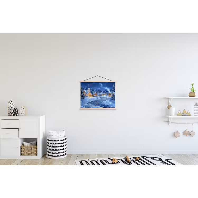 Winteravond - Kerstdorp - Donker textielposter latten blank klein -kinderkamer