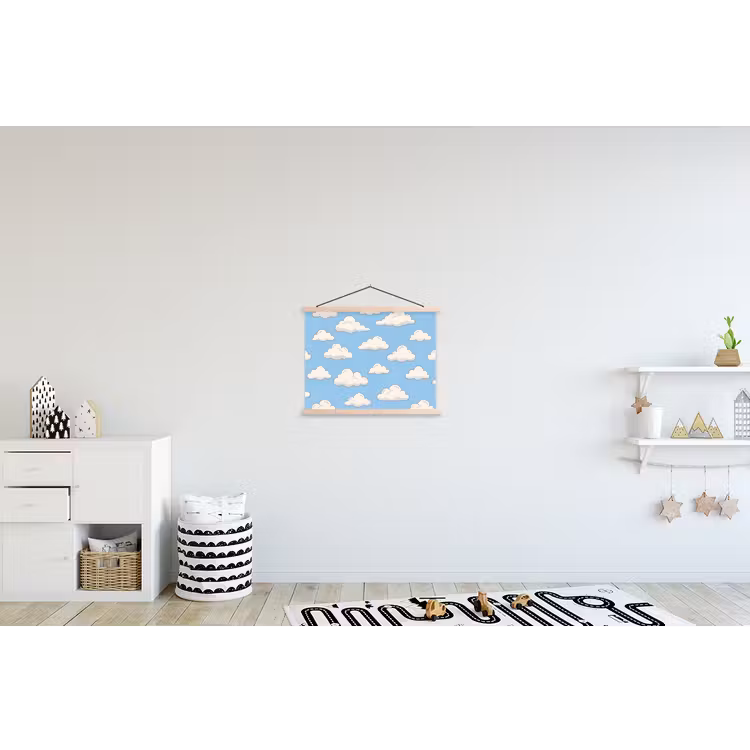 Wolk - Cartoon - Lucht - Blauw - Wit textielposter latten blank klein -kinderkamer