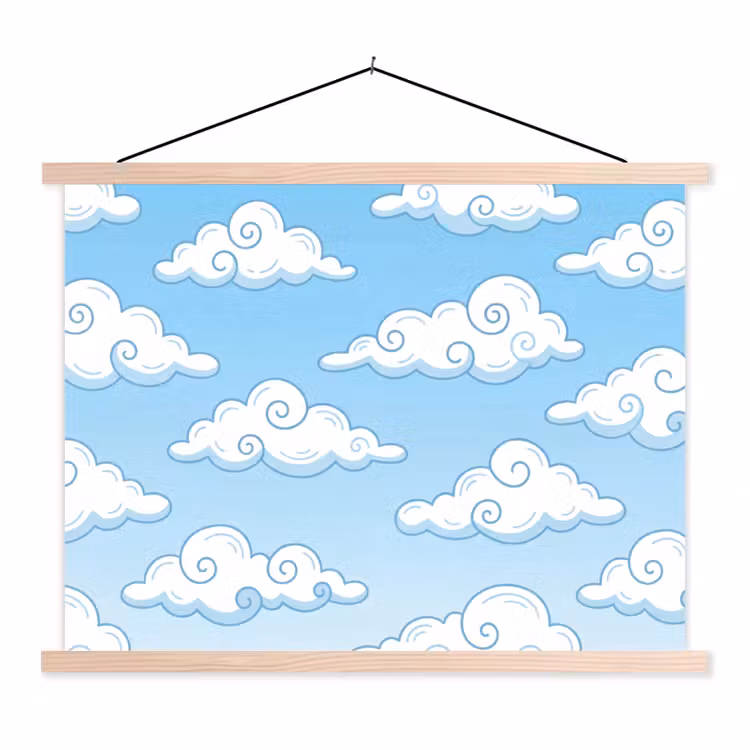 Wolk - Lucht - Cartoon - Blauw - Wit textielposter latten blank klein -3d