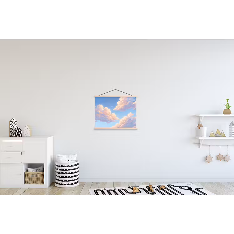 Wolken - Lucht - Natuur - Blauw textielposter latten blank klein -kinderkamer