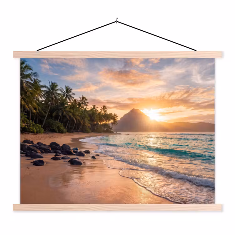 Zee - Berg - Landschap - Tropisch - Goud textielposter latten blank klein -3d