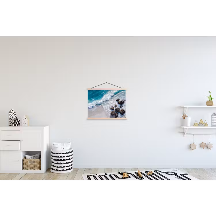 Zee - Golf - Strand - Natuur - Blauw textielposter latten blank klein -kinderkamer