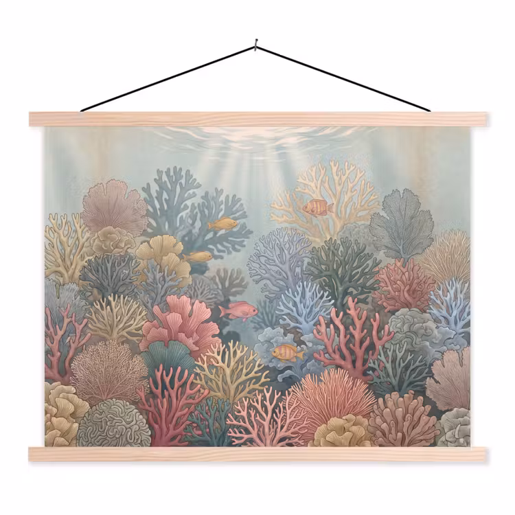 Zee - Koraal - Vis - Natuur - Kleurrijk textielposter latten blank klein -3d