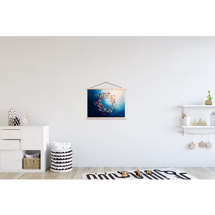 Zee - Vissen - Kleurrijk - Dynamisch textielposter latten blank klein -kinderkamer