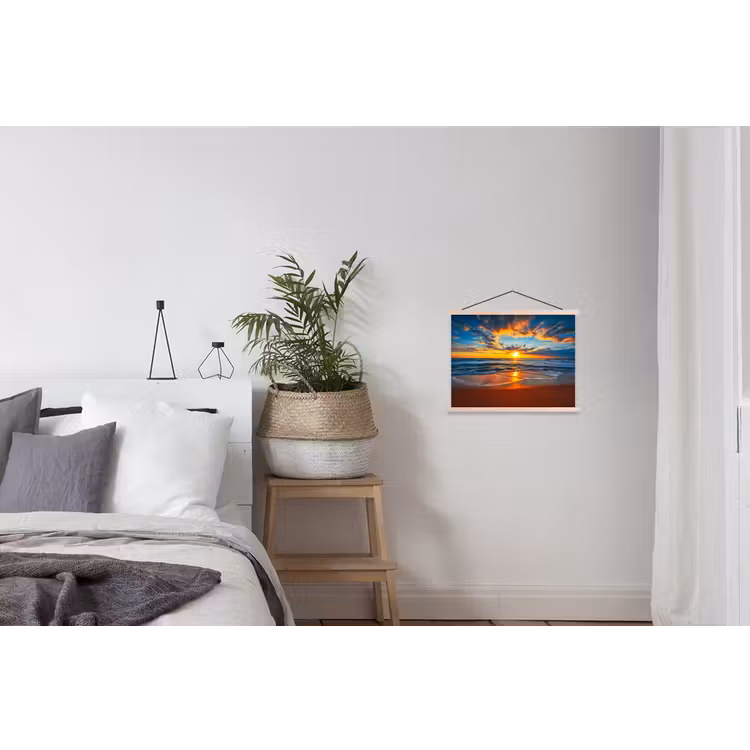 Zee - Zonsondergang - Strand - Wolken - Oranje textielposter latten blank klein -woonkamer