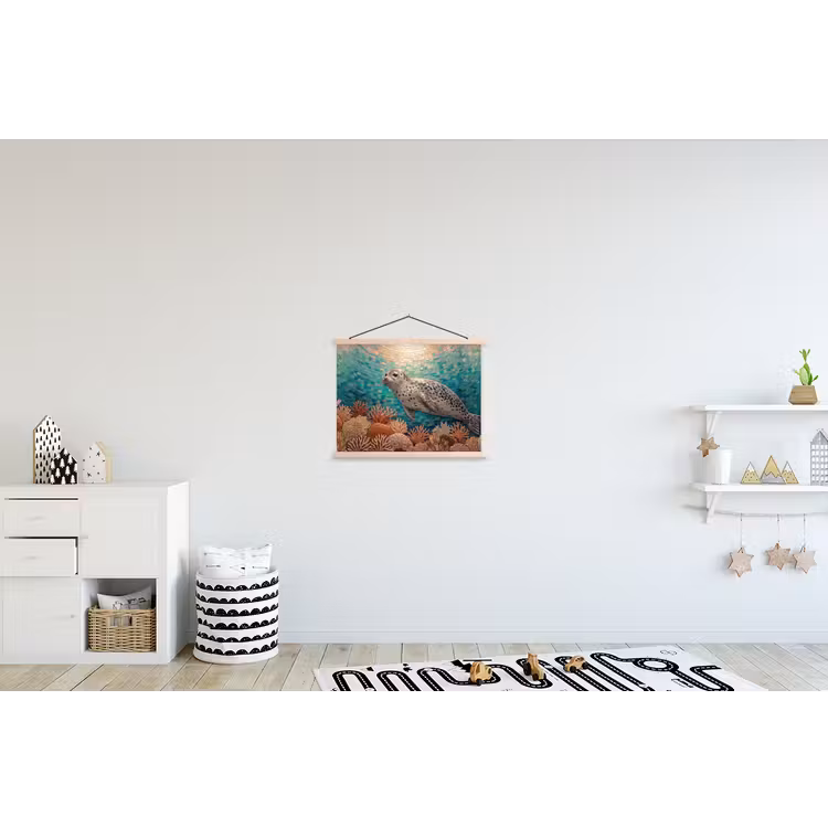 Zeehond - Mozaïek - Onderwater - Dieren - Blauw textielposter latten blank klein -kinderkamer