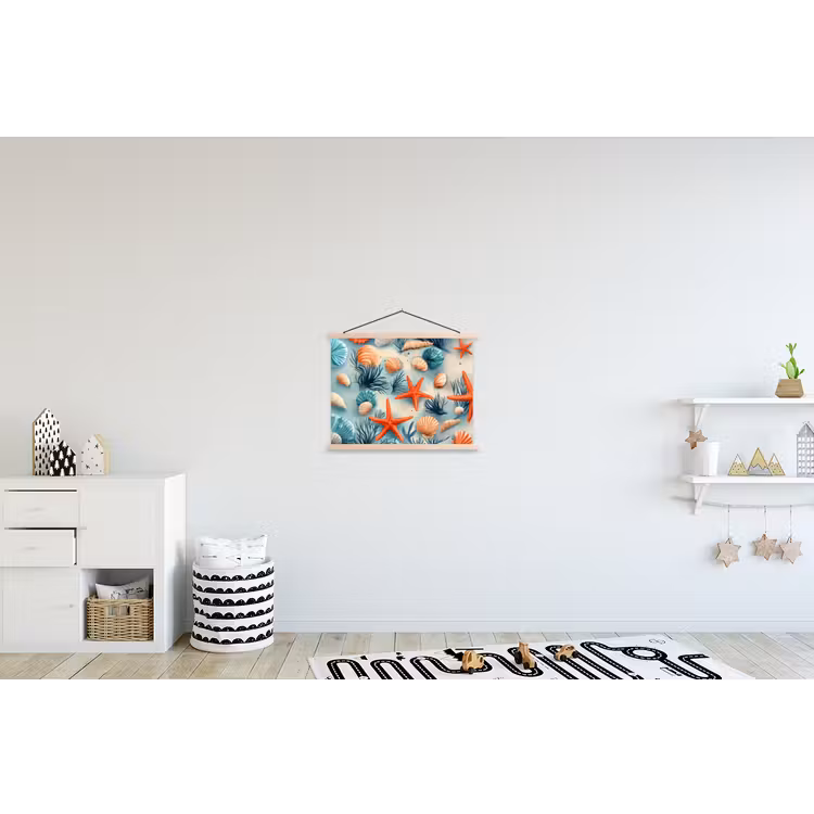 Zeesterren - Schelpen - Illustratie - Zand textielposter latten blank klein -kinderkamer