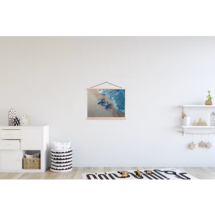 Zeesterren - Zand - Zee - Blauw textielposter latten blank klein -kinderkamer