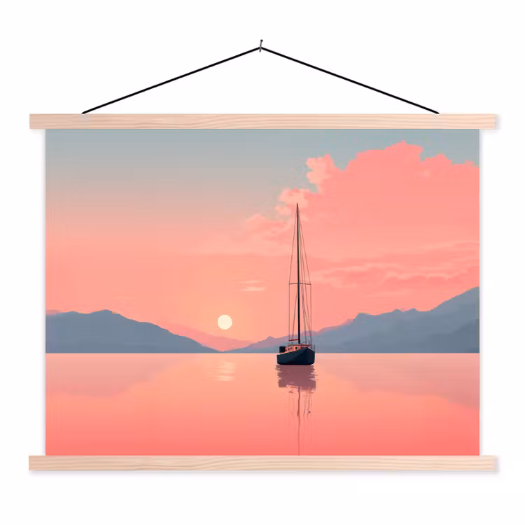 Zeilboot - Roze zee - Zonsondergang - Bergen textielposter latten blank klein -3d