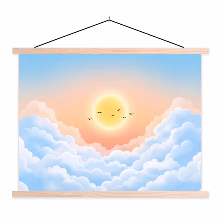Zon - Vogels - Lucht - Natuur - Geel textielposter latten blank klein -3d