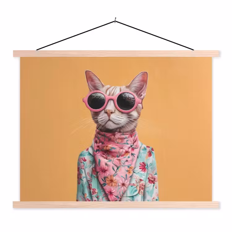 Zonnebril - Kat - Sjaal - Bloemen textielposter latten blank klein -3d