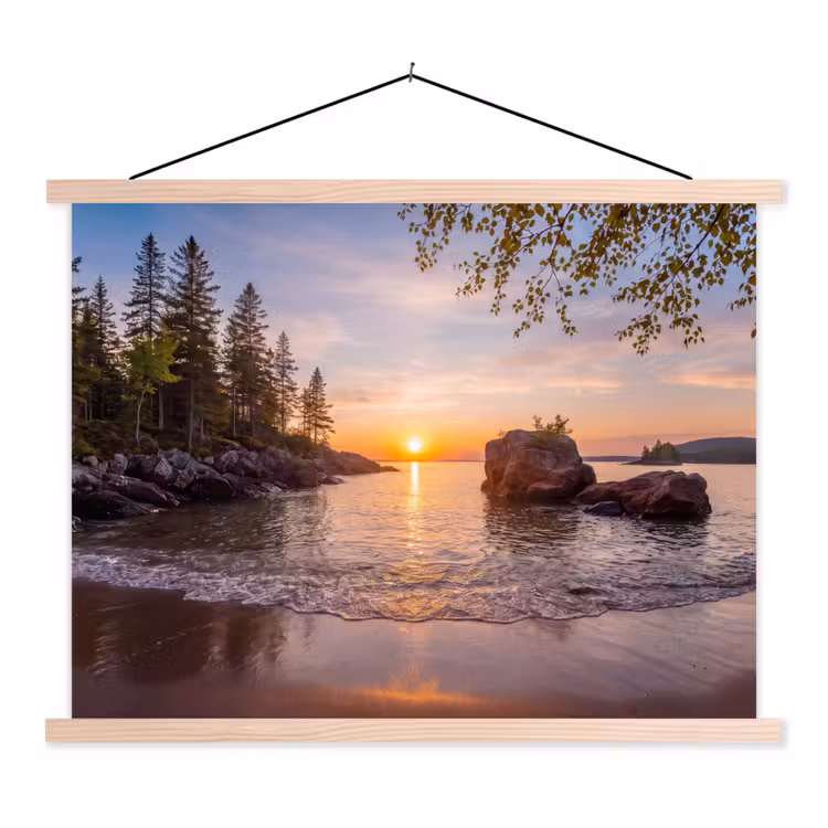 Zonsondergang - Kust - Water - Natuur - Oranje textielposter latten blank klein -3d