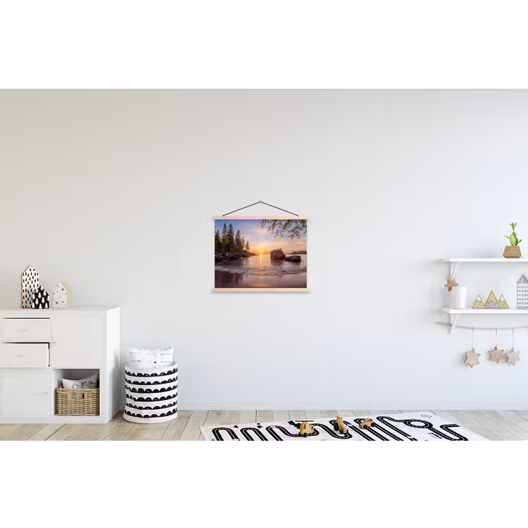Zonsondergang - Kust - Water - Natuur - Oranje textielposter latten blank klein -kinderkamer