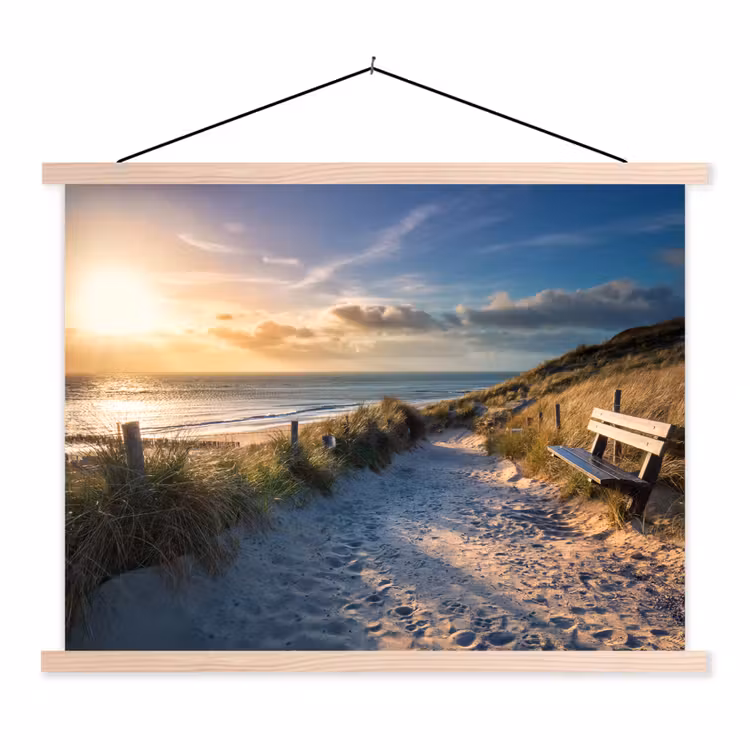Zonsondergang - Strand - Duin - Gras - Bank textielposter latten blank klein -3d