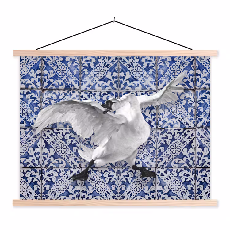 Zwaan - Kunst - Delfts blauw - Schilderij - Oude meesters textielposter latten blank klein -3d