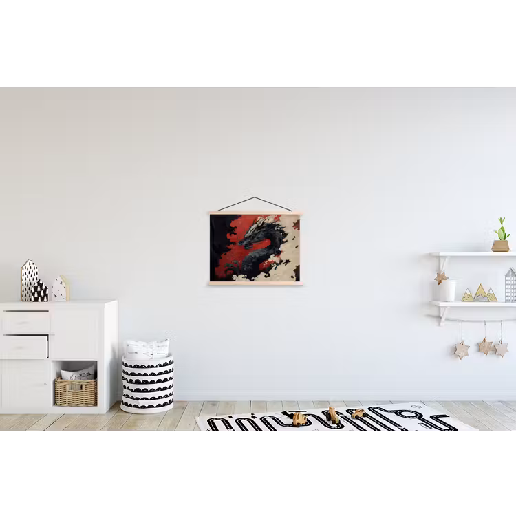 Zwarte draak - Rookwolken - Rood textielposter latten blank klein -kinderkamer