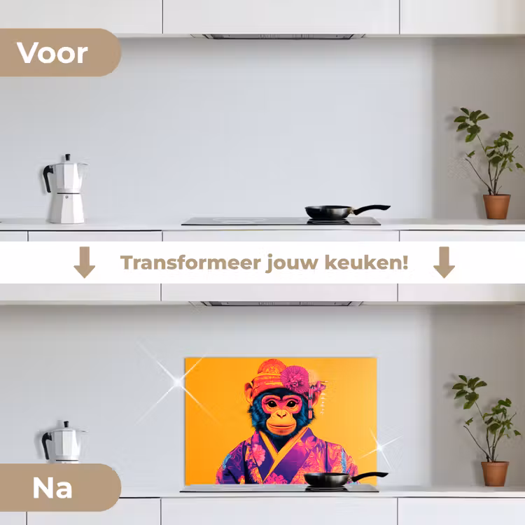 Aap - Kimono - Bloemen - Hoofdtooi keuken achterwand spatscherm klein -voor_na_NL