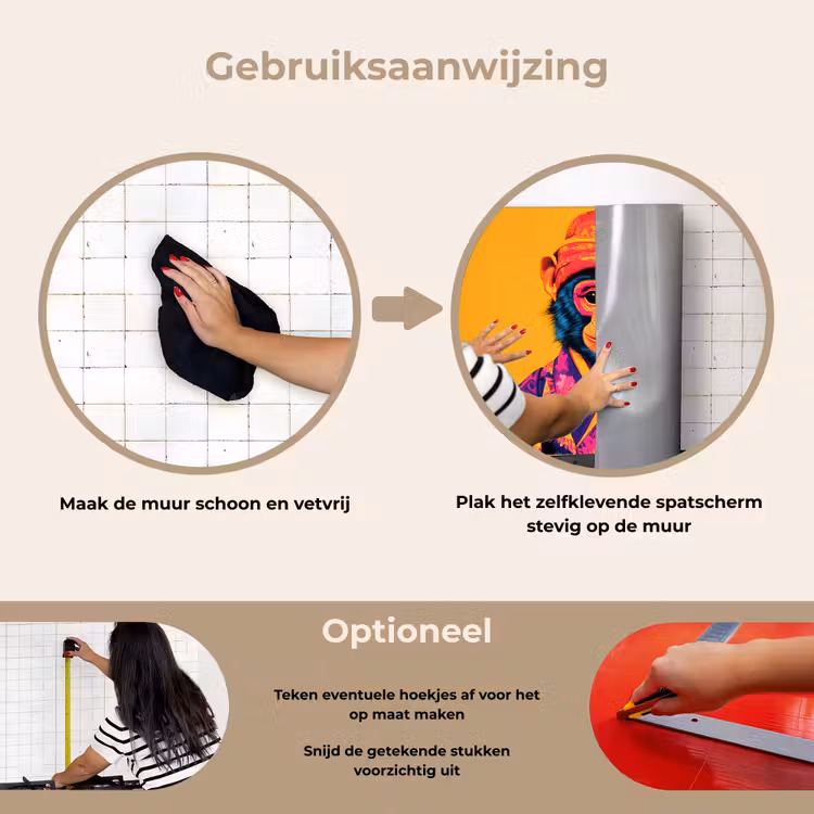Aap - Kimono - Bloemen - Hoofdtooi keuken achterwand spatscherm klein -gebruiksaanwijzing_NL