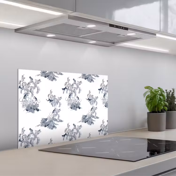 Aap - Palmboom - Blauw keuken achterwand spatscherm klein 900 -3d_schuin