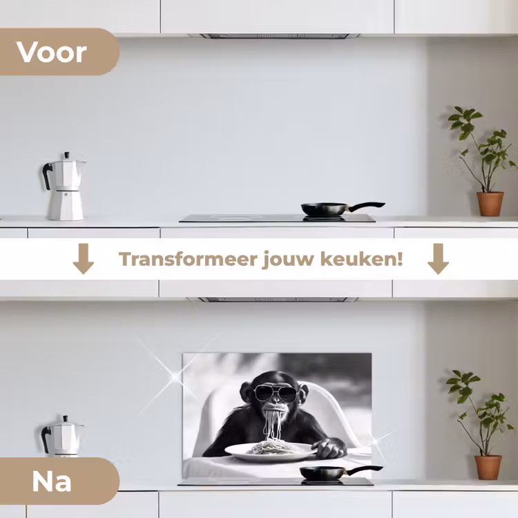 Aap - Spaghetti - Zonnebril - Zwart wit - Cool - Dier keuken achterwand spatscherm klein -voor_na_NL