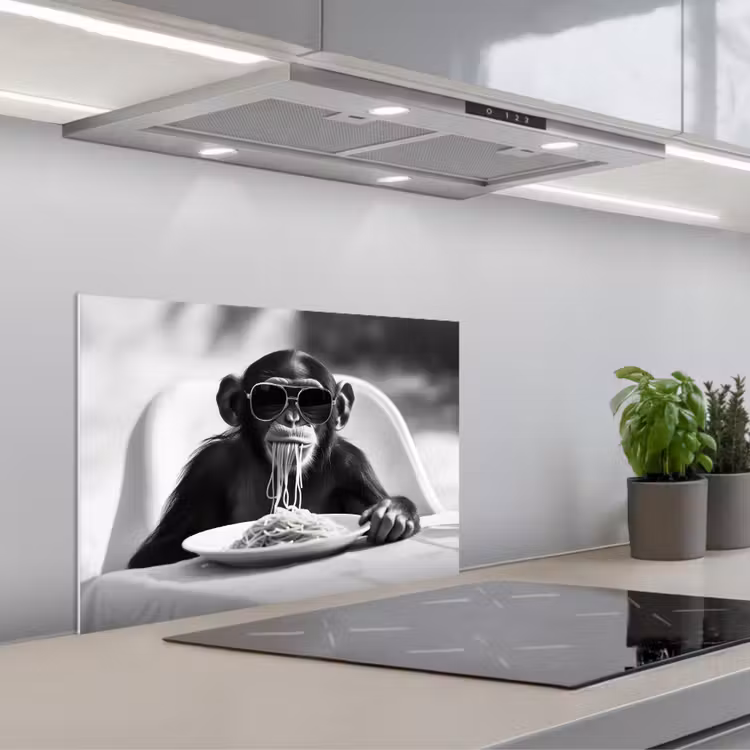 Aap - Spaghetti - Zonnebril - Zwart wit - Cool - Dier keuken achterwand spatscherm klein -3d_schuin