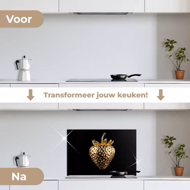 Aardbei - Goud - Zwart - Chrome keuken achterwand spatscherm klein -voor_na_NL