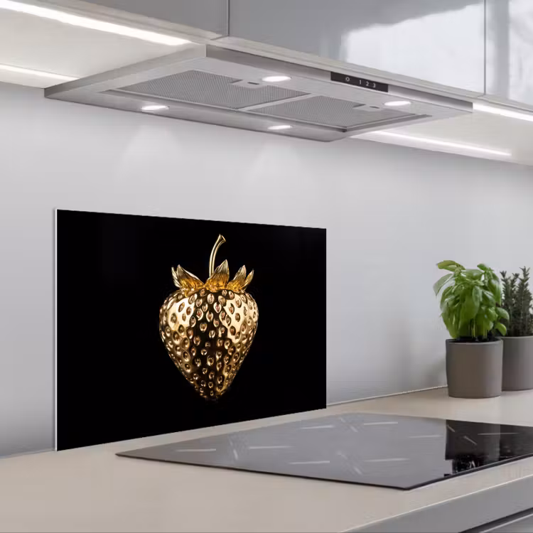 Aardbei - Goud - Zwart - Chrome keuken achterwand spatscherm klein -3d_schuin