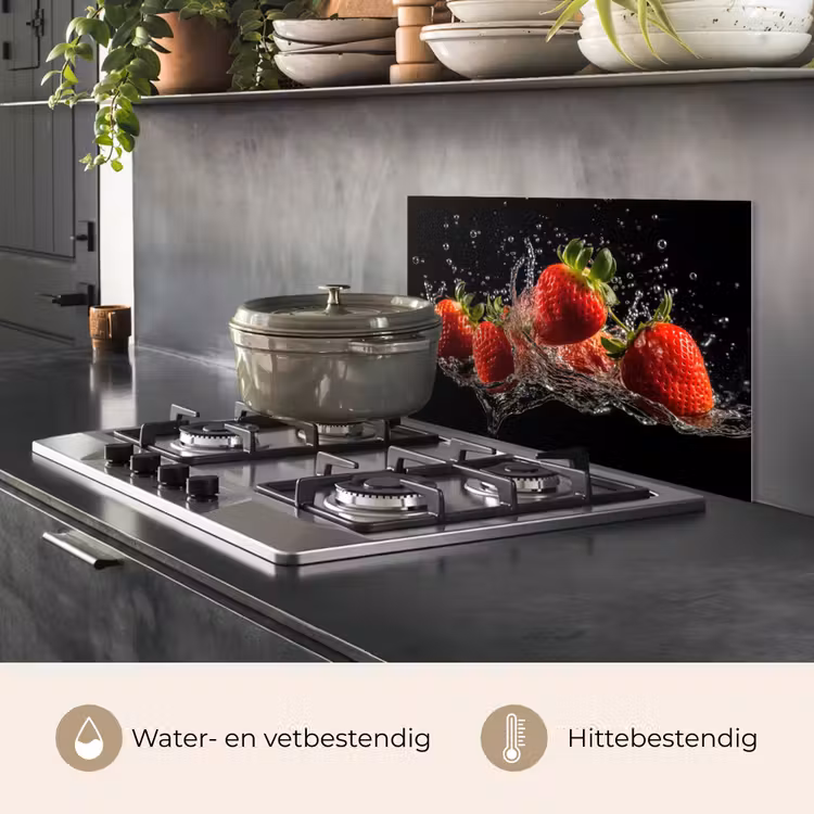 Aardbeien - Fruit - Rood - Water - Zwart keuken achterwand spatscherm klein -usp_NL