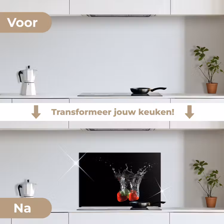 Aardbeien - Fruit - Water - Zwart - Rood keuken achterwand spatscherm klein -voor_na_NL
