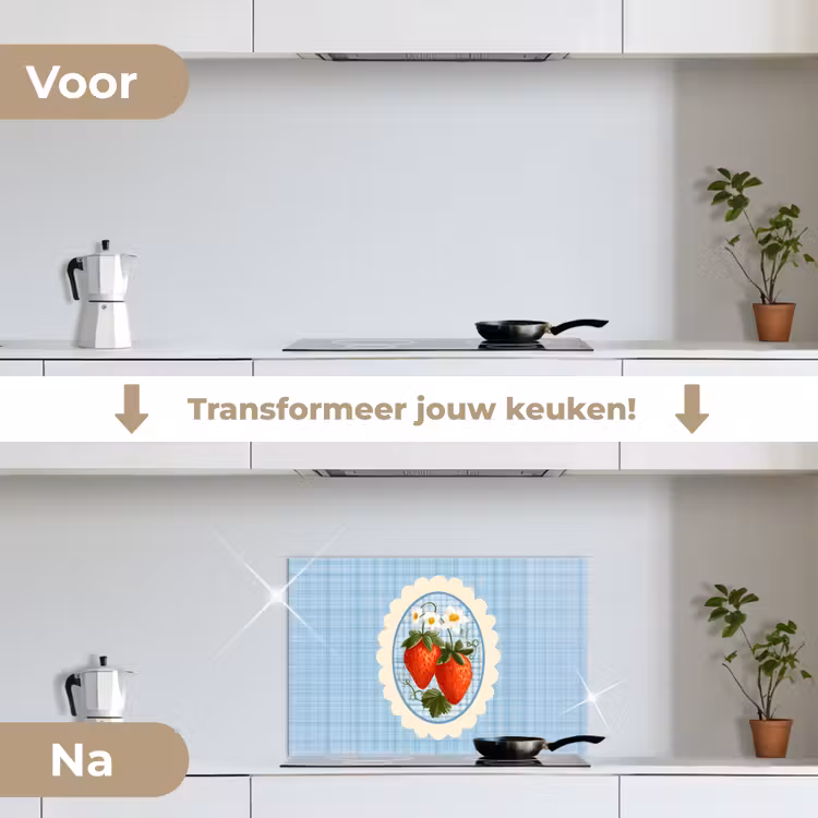 Aardbeien - Lijst - Rood - Geruit keuken achterwand spatscherm klein -voor_na_NL