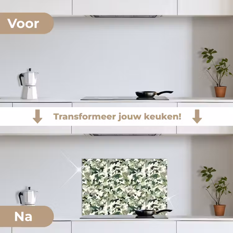 Abstract - Camouflage - Groen keuken achterwand spatscherm klein 900 -voor_na_NL