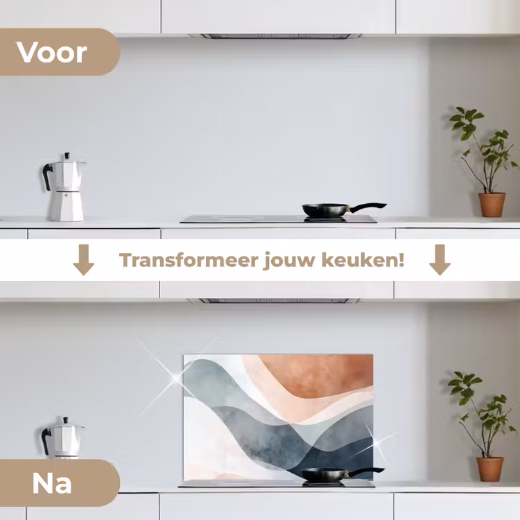 Abstract - Golven - Blauw keuken achterwand spatscherm klein -voor_na_NL