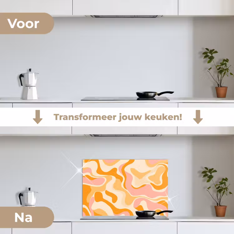 Abstract - Golvend - Oranje keuken achterwand spatscherm klein -voor_na_NL