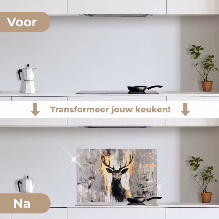 Abstract - Hert - Gewei - Goud keuken achterwand spatscherm klein -voor_na_NL
