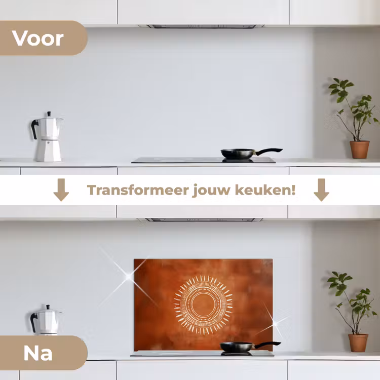 Abstract - Lijnen - Zonnestralen - Roodbruin keuken achterwand spatscherm klein -voor_na_NL