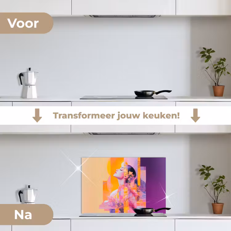 Abstract - Portret - Vrouw - Kleurrijk keuken achterwand spatscherm klein -voor_na_NL