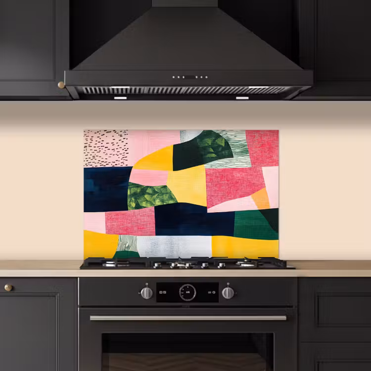 Abstract - Roze - Lappen - Vormen - Geel keuken achterwand spatscherm klein -sfeer1