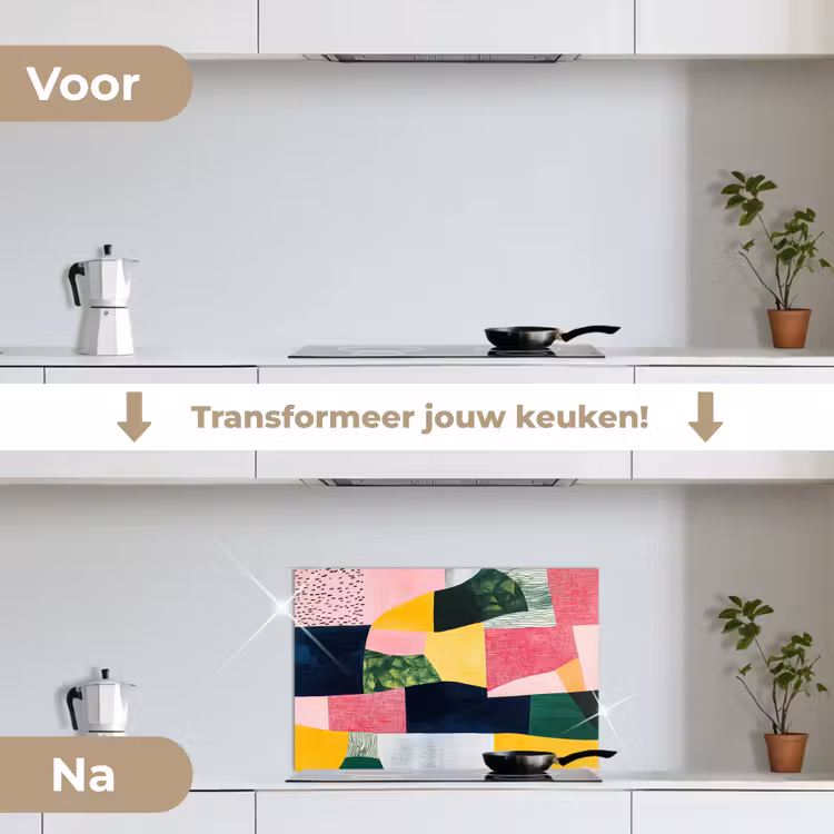Abstract - Roze - Lappen - Vormen - Geel keuken achterwand spatscherm klein -voor_na_NL