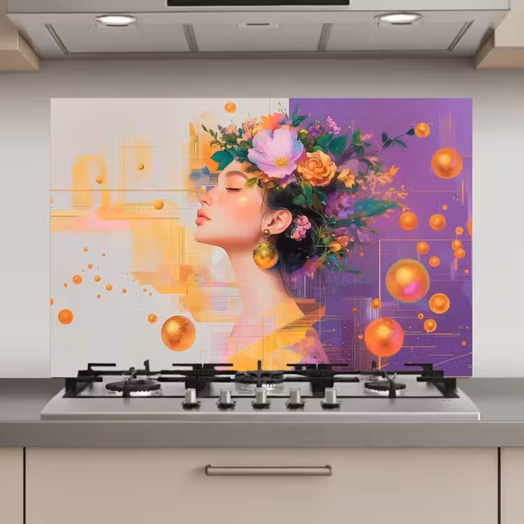Abstract - Vrouw - Bloemenkroon - Goud keuken achterwand spatscherm klein -3d_website