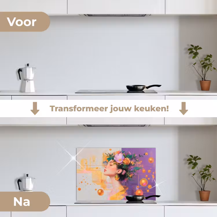 Abstract - Vrouw - Bloemenkroon - Goud keuken achterwand spatscherm klein -voor_na_NL