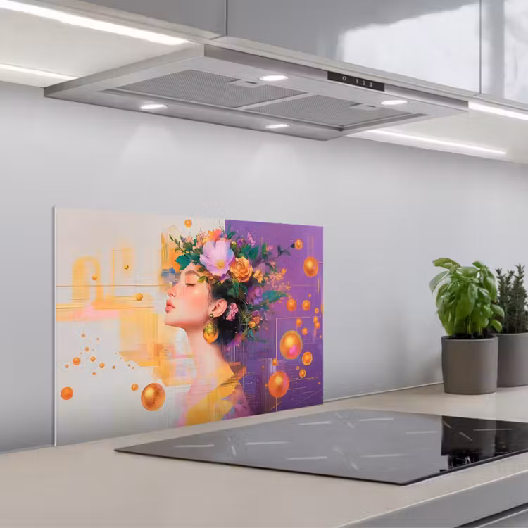 Abstract - Vrouw - Bloemenkroon - Goud keuken achterwand spatscherm klein -3d_schuin