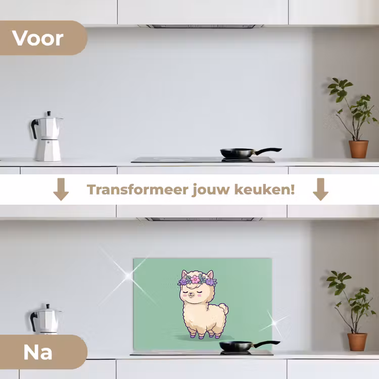 Alpaca - Groen - Bloemendiadeem keuken achterwand spatscherm klein -voor_na_NL