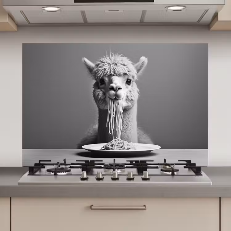 Alpaca - Pasta - Zwart - Wit - Grappig - Dieren keuken achterwand spatscherm klein -3d_website